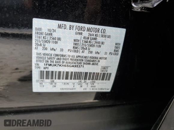 2025 Ford Explorer ST-Line with VIN 1FMUK7KH6SGA95371, listed as a Copart auction lot 57572985 with 8,833 mi miles and Salvage title. Bid and sale history available at DreamBid. Image 13.