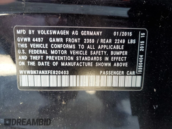 2015 Volkswagen CC Sport with VIN WVWBN7ANXFE820403, listed as a Copart auction lot 45813105 with 112,050 mi miles and Clean Title. Bid and sale history available at DreamBid. Image 12.