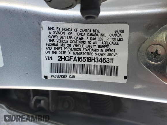2008 Honda Civic LX z VIN 2HGFA16518H346311, wystawiony jako Copart lot #58086955 z przebiegiem 143 446 mil mil oraz Szkoda całkowita • Salvage title. Historia ofert i sprzedaży dostępna na DreamBid. Obrazek 12.