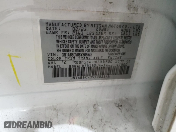 2025 Nissan Sentra SV z VIN 3N1AB8CV0SY305546, wystawiony jako Copart lot #60646845 z przebiegiem 12 345 mil mil oraz Czysty tytuł • Clean title. Historia ofert i sprzedaży dostępna na DreamBid. Obrazek 12.