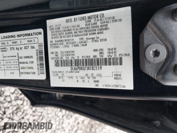 2018 Ford Fusion Titanium with VIN 3FA6P0RU7JR182119, listed as a IAAI auction lot 41984816 with 146,748 mi miles and . Bid and sale history available at DreamBid. Image 9.