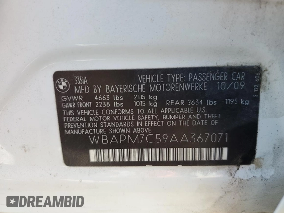 2010 BMW 3 Series 335i with VIN WBAPM7C59AA367071, listed as a Copart auction lot 42583825 with 165,386 mi miles and Salvage title. Bid and sale history available at DreamBid. Image 12.