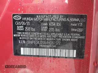 2021 Hyundai Sonata SEL Plus with VIN 5NPEJ4J20MH087577, listed as a IAAI auction lot 41090040 with Not Provided miles and . Bid and sale history available at DreamBid. Image 9.