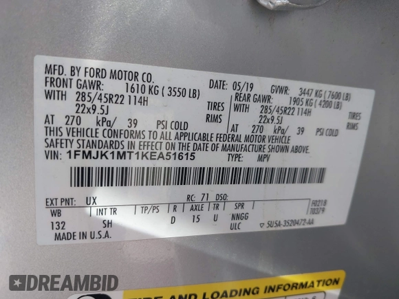 2019 Ford Expedition Max Platinum with VIN 1FMJK1MT1KEA51615, listed as a IAAI auction lot 42390656 with 49,615 mi miles and . Bid and sale history available at DreamBid. Image 9.