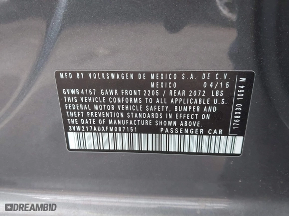 2015 Volkswagen Golf TSI SEL with VIN 3VW217AUXFM087151, listed as a IAAI auction lot 41894114 with 173,983 mi miles. Bid and sale history available at carsss.com. Image 9.