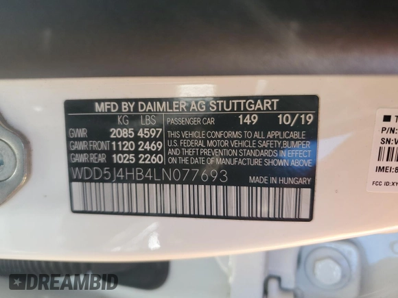 2020 Mercedes-Benz CLA 250 with VIN WDD5J4HB4LN077693, listed as a Copart auction lot 56899695 with 26,656 mi miles and Salvage title. Bid and sale history available at DreamBid. Image 12.