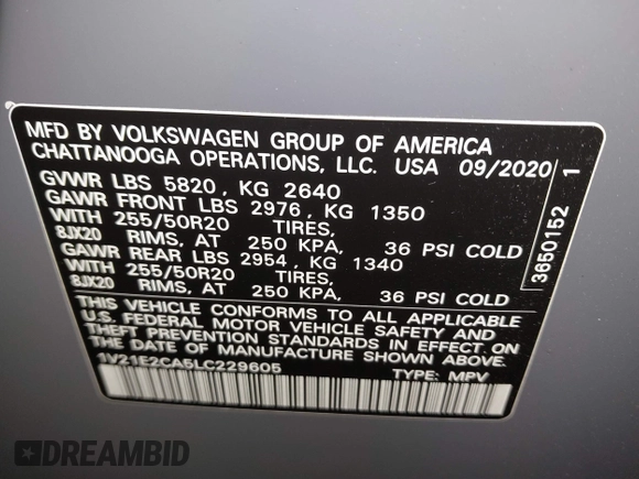 2020 Volkswagen Atlas SE with VIN 1V21E2CA5LC229605, listed as a IAAI auction lot 42431332 with 42,506 mi miles and . Bid and sale history available at DreamBid. Image 9.
