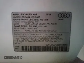 2019 Audi Q5 Premium with VIN WA1ANAFY8K2118873, listed as a Copart auction lot 70030672 with 37,486 mi miles. Bid and sale history available at carsss.com. Image 13.