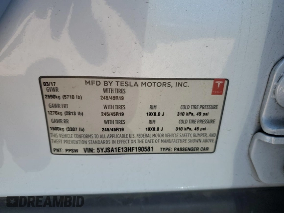 2017 Tesla Model S 60 with VIN 5YJSA1E13HF190581, listed as a Copart auction lot 57383595 with 88,219 mi miles and Salvage title. Bid and sale history available at DreamBid. Image 12.