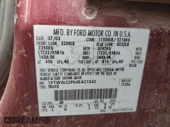 2004 Ford F-350 XL with VIN 1FTWW33P64EA21043, listed as a Copart auction lot 53885105 with Not Provided miles and Clean Title. Bid and sale history available at DreamBid. Image 12.