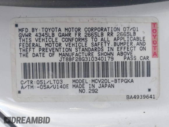 2001 Lexus ES 300 with VIN JT8BF28G310340179, listed as a IAAI auction lot 42757500 with 214,201 mi miles and . Bid and sale history available at DreamBid. Image 9.