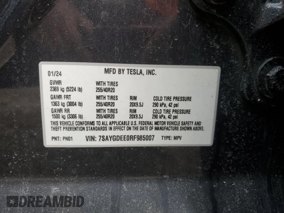 2024 Tesla Model Y Long Range with VIN 7SAYGDEE0RF985007, listed as a Copart auction lot 46619755 with Not Provided miles and Salvage Title. Bid and sale history available at DreamBid. Image 13.