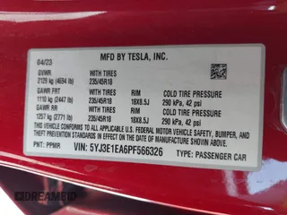 2023 Tesla Model 3 z VIN 5YJ3E1EA6PF566326, wystawiony jako IAAI lot #42687125 z przebiegiem 43 548 mil mil oraz . Historia ofert i sprzedaży dostępna na DreamBid. Obrazek 9.