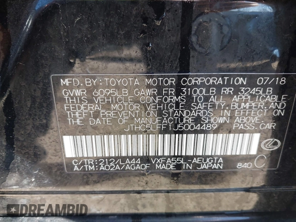 2018 Lexus LS 500 with VIN JTHC5LFF1J5004489, listed as a IAAI auction lot 41986153 with 95,625 mi miles and . Bid and sale history available at DreamBid. Image 9.
