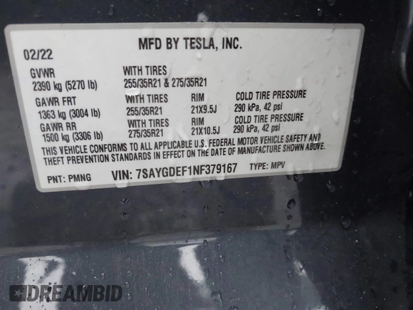 2022 Tesla Model Y Performance with VIN 7SAYGDEF1NF379167, listed as a IAAI auction lot 41429842 with 86,582 mi miles and . Bid and sale history available at DreamBid. Image 9.