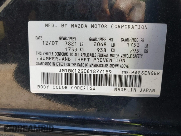 2008 Mazda 3 i Touring with VIN JM1BK12G081877189, listed as a IAAI auction lot 42147537 with 166,780 mi miles and . Bid and sale history available at carsss.com. Image 9.