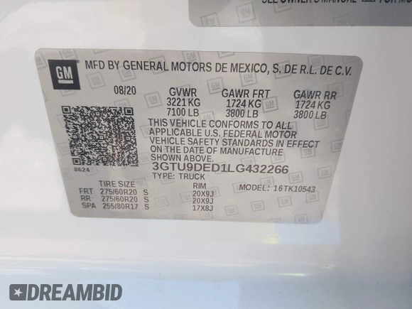 2020 GMC Sierra 1500 SLT z VIN 3GTU9DED1LG432266, wystawiony jako IAAI lot #41984060 z przebiegiem 66 935 mil mil oraz . Historia ofert i sprzedaży dostępna na DreamBid. Obrazek 9.