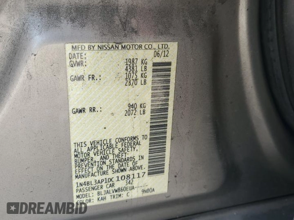 2013 Nissan Altima SL z VIN 1N4BL3AP1DC108117, wystawiony jako Copart lot #49854875 z przebiegiem 118 044 mil mil oraz Szkoda całkowita • Salvage title. Historia ofert i sprzedaży dostępna na DreamBid. Obrazek 14.