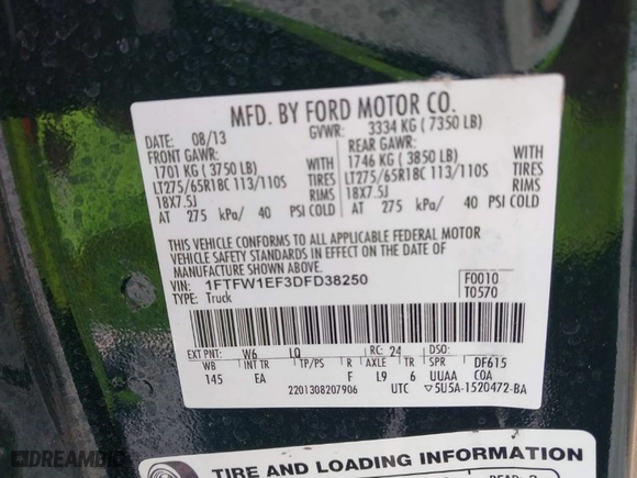 2013 Ford F-150 XL with VIN 1FTFW1EF3DFD38250, listed as a IAAI auction lot 41894655 with 167,014 mi miles. Bid and sale history available at carsss.com. Image 9.