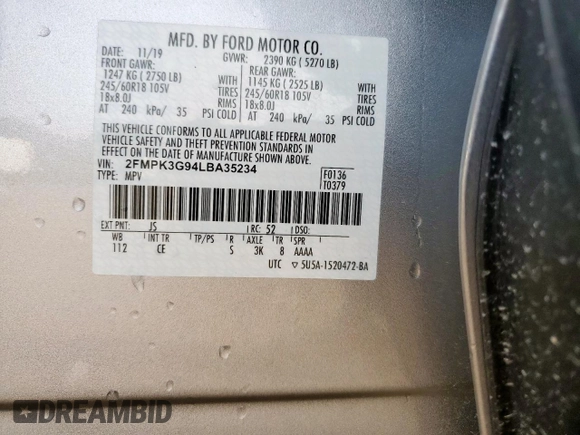 2020 Ford Edge SE with VIN 2FMPK3G94LBA35234, listed as a Copart auction lot 61189905 with 33,013 mi miles and Salvage title. Bid and sale history available at DreamBid. Image 13.
