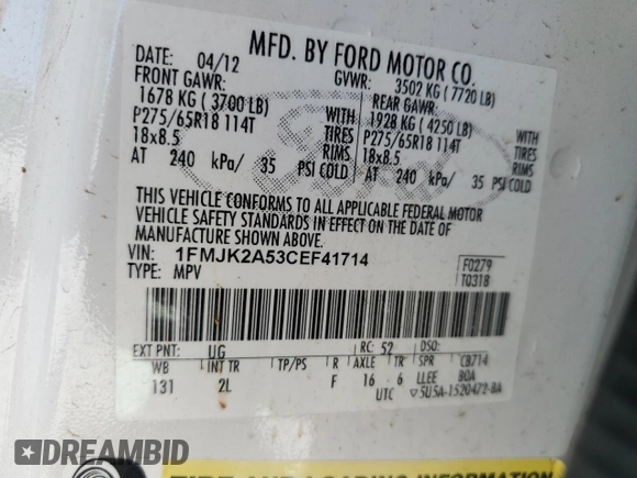2012 Ford Expedition Max Limited с VIN 1FMJK2A53CEF41714, выставлен на аукционе Copart как лот 53053645 с пробегом 255 896 миль миль и Списание • Salvage title. История ставок и продаж доступна на DreamBid. Изображение 14.