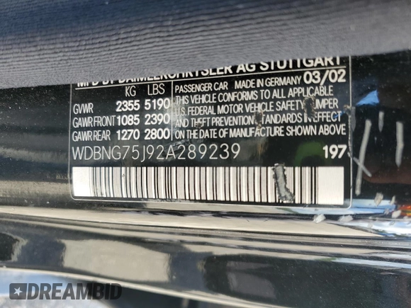 2002 Mercedes-Benz S 500 with VIN WDBNG75J92A289239, listed as a Copart auction lot 59052135 with Not provided miles and Salvage title. Bid and sale history available at DreamBid. Image 12.
