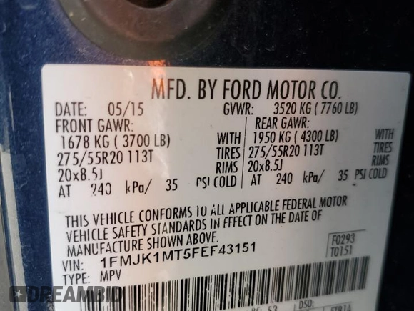 2015 Ford Expedition Max Platinum with VIN 1FMJK1MT5FEF43151, listed as a Copart auction lot 53131875 with 177,190 mi miles and Salvage title. Bid and sale history available at DreamBid. Image 14.