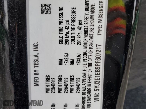 2023 Tesla Model 3 Long Range with VIN 5YJ3E1EB9PF607217, listed as a Copart auction lot 50103645 with 82,198 mi miles and Salvage Title. Bid and sale history available at DreamBid. Image 13.