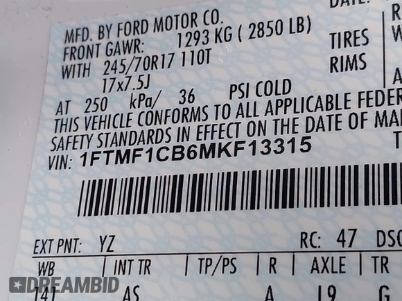 2021 Ford F-150 XL with VIN 1FTMF1CB6MKF13315, listed as a IAAI auction lot 42297728 with 74,450 mi miles and . Bid and sale history available at DreamBid. Image 9.