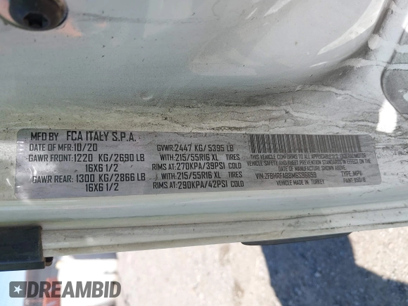 2021 Ram ProMaster City Cargo Tradesman with VIN ZFBHRFAB8M6S96659, listed as a IAAI auction lot 42168011 with 143,566 mi miles and . Bid and sale history available at DreamBid. Image 8.