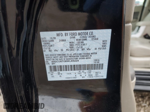 2009 Mercury Mariner Premier z VIN 4M2CU87G89KJ09224, wystawiony jako Copart lot #87087034 z przebiegiem Nie podano mil oraz Szkoda całkowita • Salvage title. Historia ofert i sprzedaży dostępna na DreamBid. Obrazek 15.