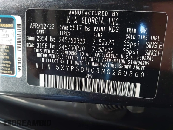 2022 Kia Telluride SX with VIN 5XYP5DHC3NG280360, listed as a IAAI auction lot 41707771 with 30,908 mi miles and . Bid and sale history available at DreamBid. Image 9.