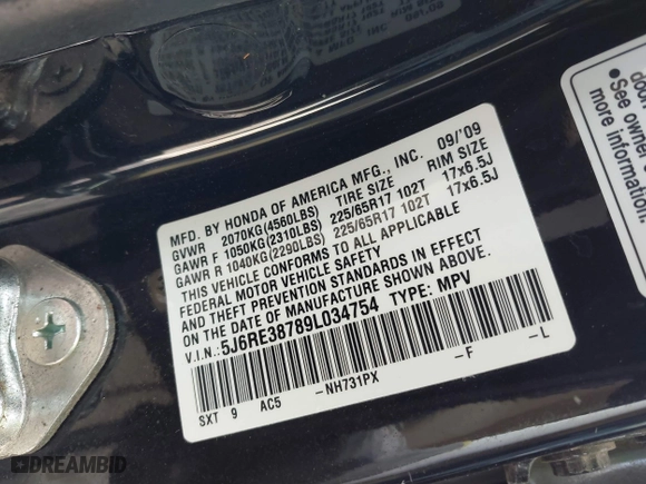 2009 Honda CR-V EX-L with VIN 5J6RE38789L034754, listed as a IAAI auction lot 41682960 with 65,314 mi miles. Bid and sale history available at carsss.com. Image 9.