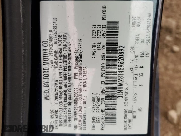 2008 Lincoln MKZ with VIN 3LNHM28T48R620892, listed as a Copart auction lot 49713285 with 144,138 mi miles and Salvage Title. Bid and sale history available at carsss.com. Image 14.