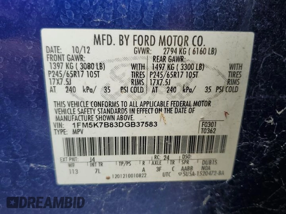 2013 Ford Explorer с VIN 1FM5K7B83DGB37583, выставлен на аукционе Copart как лот 64051515 с пробегом 169 238 миль миль и Чистый • Clean title. История ставок и продаж доступна на DreamBid. Изображение 13.