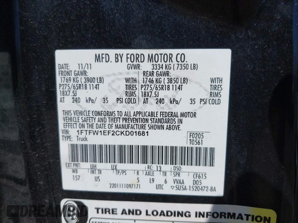 2012 Ford F-150 XL with VIN 1FTFW1EF2CKD01681, listed as a IAAI auction lot 42030815 with 303,485 mi miles and . Bid and sale history available at carsss.com. Image 9.