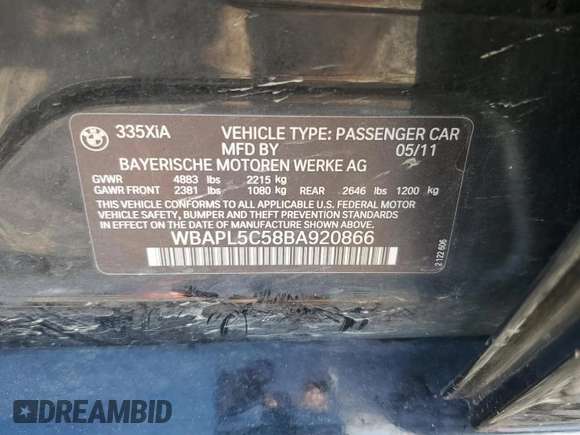 2011 BMW 3 Series 335i xDrive with VIN WBAPL5C58BA920866, listed as a Copart auction lot 52519045 with 111,106 mi miles and Salvage title. Bid and sale history available at DreamBid. Image 12.