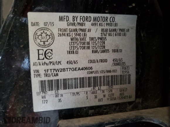 2016 Ford F-250 Lariat with VIN 1FT7W2BT7GEA40606, listed as a Copart auction lot 61953315 with 163,640 mi miles and Salvage title. Bid and sale history available at DreamBid. Image 12.
