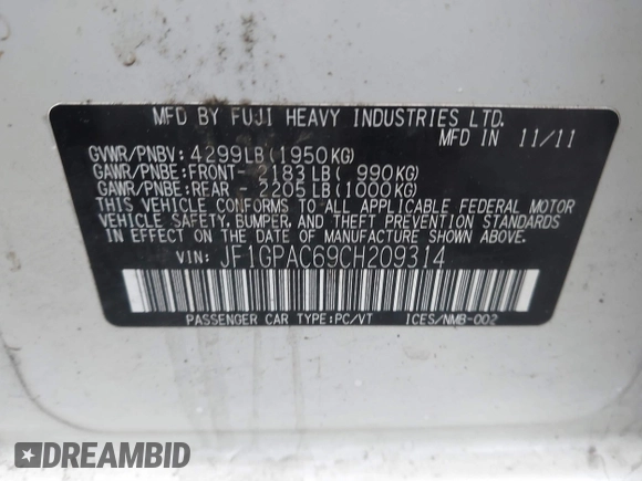 2012 Subaru Impreza Premium with VIN JF1GPAC69CH209314, listed as a IAAI auction lot 41421465 with 203,998 mi miles and . Bid and sale history available at DreamBid. Image 9.