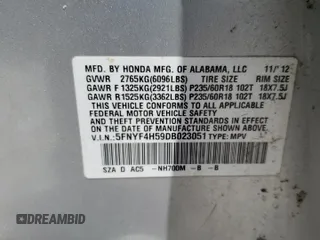 2013 Honda Pilot EX-L with VIN 5FNYF4H59DB023051, listed as a Copart auction lot 64324055 with 189,519 mi miles and Salvage title. Bid and sale history available at DreamBid. Image 13.