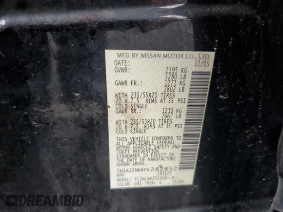 2015 Nissan Murano SL with VIN 5N1AZ2MH4FN282852, listed as a Copart auction lot 57940755 with 127,582 mi miles and Salvage title. Bid and sale history available at DreamBid. Image 13.