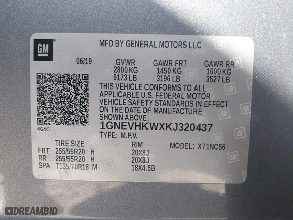 2019 Chevrolet Traverse LT Leather with VIN 1GNEVHKWXKJ320437, listed as a IAAI auction lot 41657356 with 73,161 mi miles. Bid and sale history available at carsss.com. Image 9.