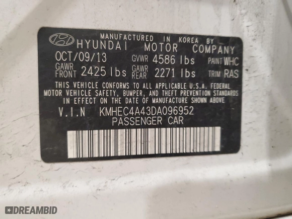 2013 Hyundai Sonata Hybrid Limited with VIN KMHEC4A43DA096952, listed as a Copart auction lot 49738185 with 167,915 mi miles and Non Repairable. Bid and sale history available at carsss.com. Image 12.