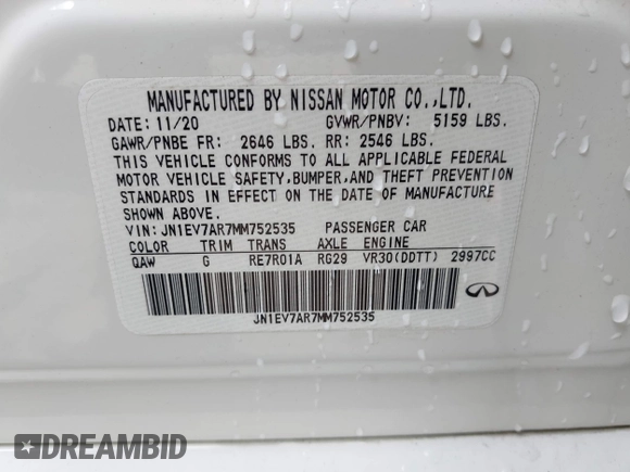 2021 Infiniti Q50 Pure with VIN JN1EV7AR7MM752535, listed as a IAAI auction lot 42683119 with 45,121 mi miles and . Bid and sale history available at DreamBid. Image 9.