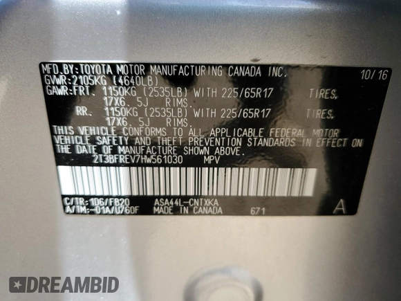 2017 Toyota RAV4 LE with VIN 2T3BFREV7HW561030, listed as a Copart auction lot 61284245 with 90,690 mi miles and Salvage title. Bid and sale history available at DreamBid. Image 14.