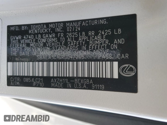 2024 Lexus ES 300h Luxury с VIN 58AEA1C16RU047265, выставлен на аукционе Copart как лот 41877325 с пробегом 2 439 миль миль и Списание • Salvage title. История ставок и продаж доступна на DreamBid. Изображение 13.