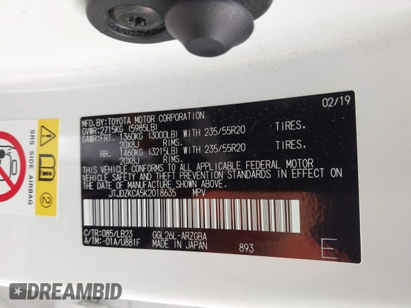 2019 Lexus RX 350L Premium with VIN JTJDZKCA5K2018635, listed as a IAAI auction lot 42008042 with 60,263 mi miles and . Bid and sale history available at DreamBid. Image 9.