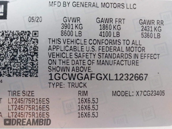 2020 Chevrolet Express Cargo with VIN 1GCWGAFGXL1232667, listed as a IAAI auction lot 42682111 with 90,751 mi miles and . Bid and sale history available at DreamBid. Image 9.
