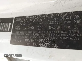 2011 Kia Forte EX with VIN KNAFU4A29B5377256, listed as a IAAI auction lot 42072437 with 190,295 mi miles. Bid and sale history available at carsss.com. Image 9.
