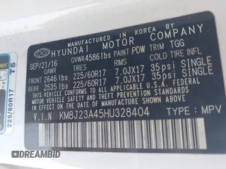 2017 Hyundai Tucson SE with VIN KM8J23A45HU328404, listed as a IAAI auction lot 41695180 with 120,458 mi miles. Bid and sale history available at carsss.com. Image 9.